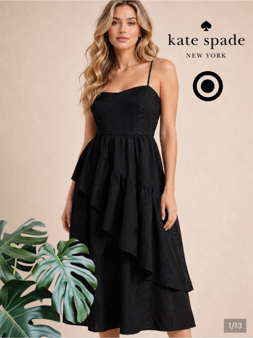 Like New Kate spade Black Asymmetric Tiered Spaghetti-Strap Midi Dress XS